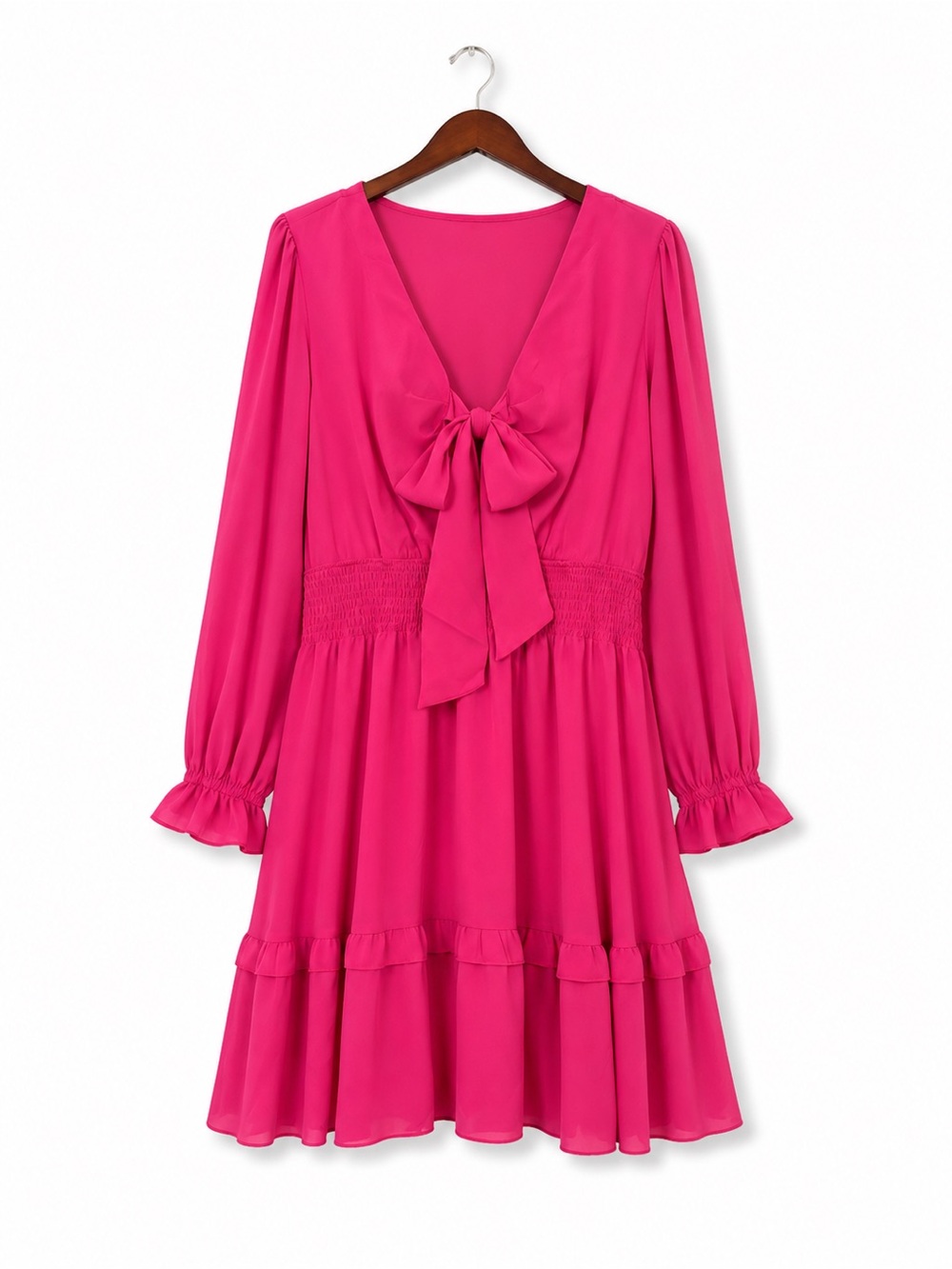 Hot Pink Bow Front Smocked Mini Dress Plus Size 2XL Long Sleeve Lined Barbiecore - Picture 2 of 11